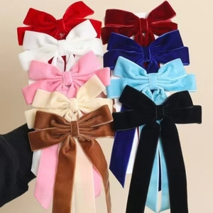 Set of long velvet double bow hair clips with streamers in various colors for women