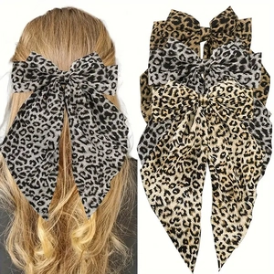 Pince à Cheveux Nœud Imprimé Léopard en Tissu Grande Barrette Avec Long Ruban Élastique à Cheveux Élégant pour Femmes