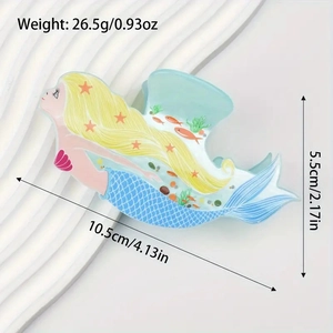 Cartoon mermaid hair claw clip in blue and yellow acrylic with 10.5cm large size design