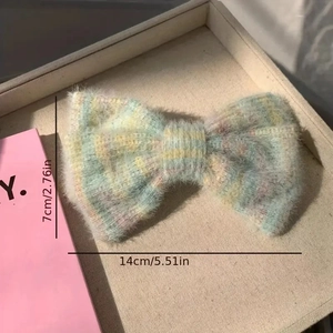 Barrette à nœud en peluche à carreaux avec perles, tons pastels, dimensions 14x7 cm