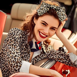 Leopard print headband with large bow detail shown in a vintage car setting