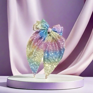 Détail du nœud papillon sirène à paillettes avec dégradé arc-en-ciel et rubans longs