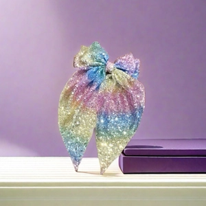 Barrette à nœud pailleté arc-en-ciel avec de longs rubans sur fond violet élégant
