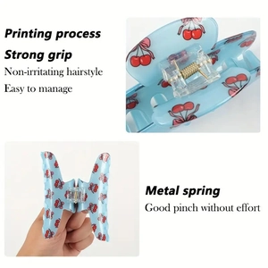 Blue translucent cherry print hair claw clip with strong metal spring and firm grip