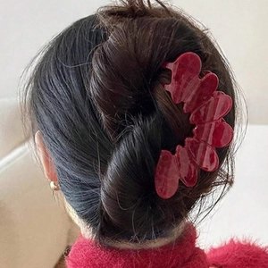 Elegant deep red heart-shaped acetate hair claw clip for French style updos