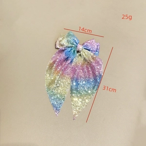 Nœud à cheveux pailleté arc-en-ciel avec rubans, taille 14x31cm, accessoire de fête