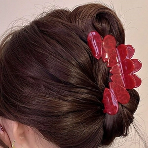 Elegant red acetate heart-shaped hair claw clip for French style high ponytail styles