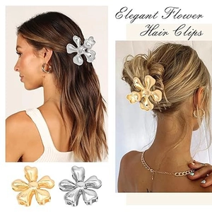 Elegant metal flower hair clips in gold and silver finish shown on models
