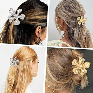 Elegant gold and silver metal flower hair claws shown on various hairstyles and hair colors