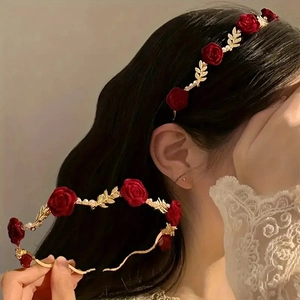 Elegant French vintage headband with red velvet roses, golden leaves and pearls