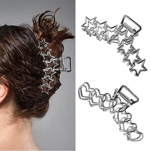 Minimalist Silver Metal Hair Claw Clip Sweet Heart Pentagram Shape Hollow Shark Clip Elegant Ponytail Holder Women Valentine Gift