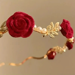 French vintage headband with red velvet roses, golden leaves, and white faux pearls