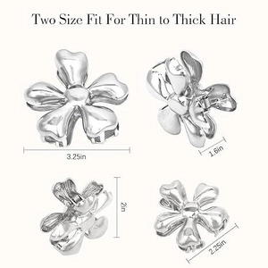 Silver metal flower hair claw clips in large and small sizes with polished finish