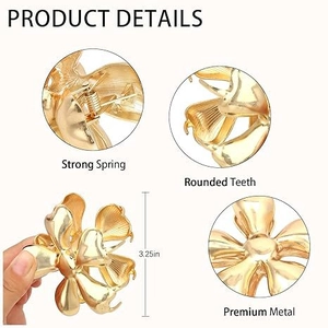 Detail showing strong spring and rounded teeth on the 3.25 inch gold flower hair claw clip