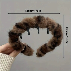 Chic leopard print plush headband for women with non-slip teeth, size 4.73x5.32 inch