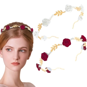 French Vintage Rose Faux Artificial Pearl Headband For Women Elegant Flower Gold Leaf Metal Hair Band Wedding Party Hair Accessories