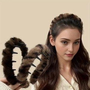 Retro Plush Leopard Print Headband Autumn Winter Faux Fur Hair Hoop With Teeth Elegant Non-slip Hair Accessories For Women