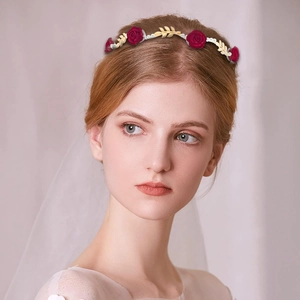 French vintage headband with red roses, gold leaves, and pearls for elegant women