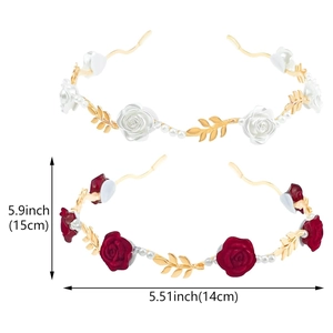 Elegant French vintage headband with fabric roses, golden leaves and pearls for women