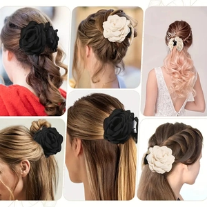 Hawaiianische Rosen-Haarklammern aus Satin in Schwarz und Creme für elegante Strandfrisuren