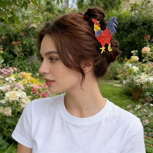 Pince à cheveux coq colorée en acrylique portée par un mannequin dans un jardin fleuri
