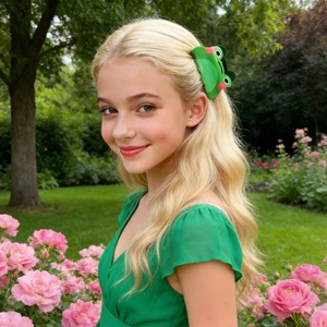 Pince à cheveux mignonne en forme de grenouille verte portée par une jeune fille