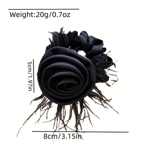 Elegant black rose hair scrunchie with soft feather accents and 8cm size dimensions