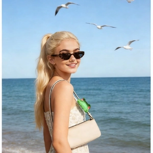 Pince à cheveux grenouille mignonne sur un sac à bandoulière crème au bord de la plage