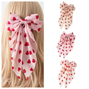 Barrette à Cheveux Nœud Doux Imprimé Cœur Saint-Valentin Avec Longs Rubans Tissu Mousseline Pince à Ressort Romantique Femme