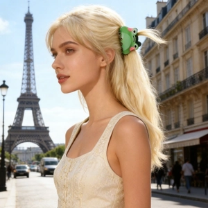 Détail de la pince à cheveux grenouille verte portée avec la Tour Eiffel en fond
