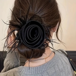 Elegant black fabric rose scrunchie with feather trim for women party hairstyles