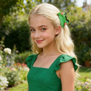 Enfant portant une mignonne pince à cheveux grenouille verte en acrylique dans un jardin