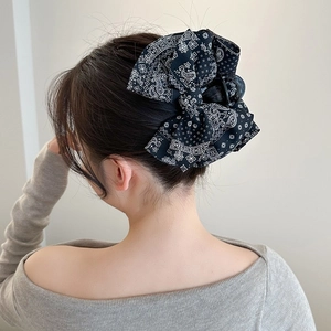 Large black bandana pattern bow hair claw clip for women's elegant hairstyles