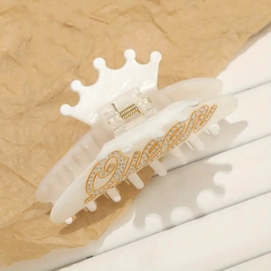 Pinza per capelli a corona bianca in acrilico con strass Queen dorati per donne