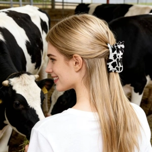 Pinza per capelli con motivo a mucca da donna, fermaglio animale in acrilico bianco e nero