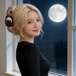 Detail showing black claw clip with colorful moon and star patterns on a low bun hair