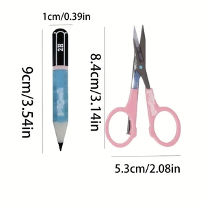 Blue 2H pencil and pink scissors hair clips set shown with size dimensions on white background