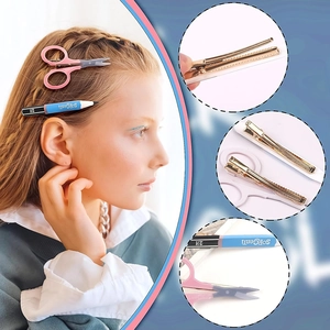 Detailed view of creative pencil and scissor hair clips with metal duckbill structure