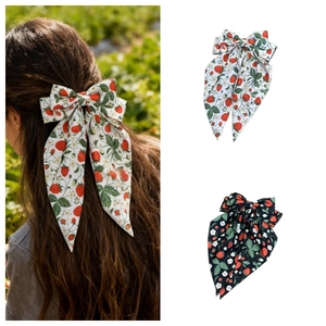 Floral strawberry print bow hair clip with long ribbons for vacation hair styling