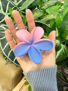 Dettaglio molletta per capelli a forma di plumeria opaca con sfumatura rosa e blu