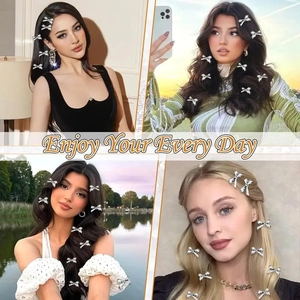 Silver Y2K bow hair clips with shiny rhinestones shown on various hair colors