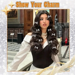 Elegant Y2K silver bow hair clips with rhinestones on model with dark brown hair