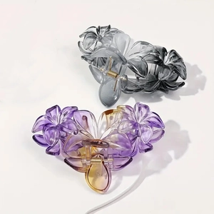 Grandes pinces à cheveux élégantes avec dégradé de fleurs en acrylique gris et violet