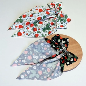 Floral strawberry print bow hair clip with long ribbons for summer vacation styling