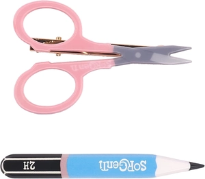 Detail view of pink handle scissors and creative pencil-shaped stationery hair clips