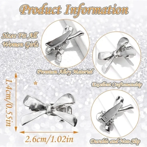 Detailed views of a mini silver bow hair clip showing front, back, and 2.6cm size