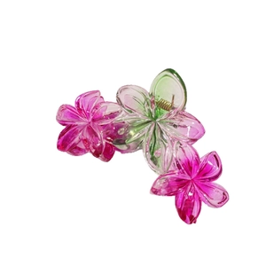 Pince à cheveux élégante avec fleurs de frangipanier dégradées en acrylique rose et vert