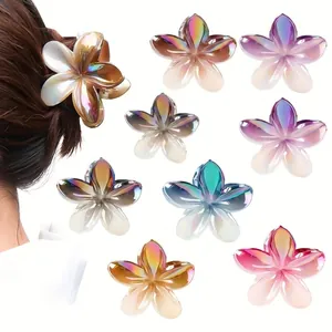 Pince à Cheveux Fleur de Frangipanier Irisée pour Femmes Élégante Dégradée Plastique Faite à la Main Pince Requin Accessoire de Cheveux Vacances Plage