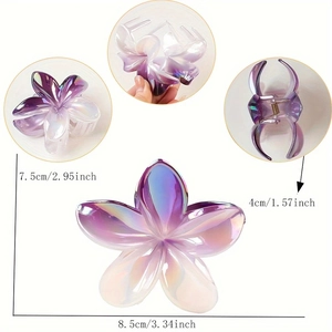 Pince à cheveux fleur dégradé violet brillant avec dimensions et vues multi-angles