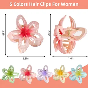 5-pack gradient frangipani hair claw clips set in various colors with size chart info